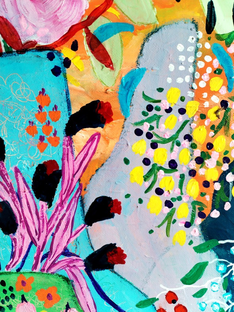 Tableau joyeux et coloré de bouquets de fleurs dans un style semi-abstrait 
